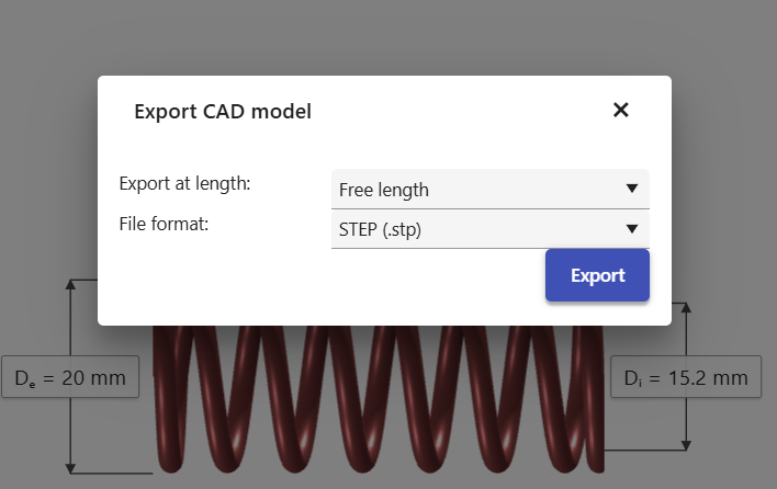 Export CAD model dialog — choose length and file format (STEP, IGES)