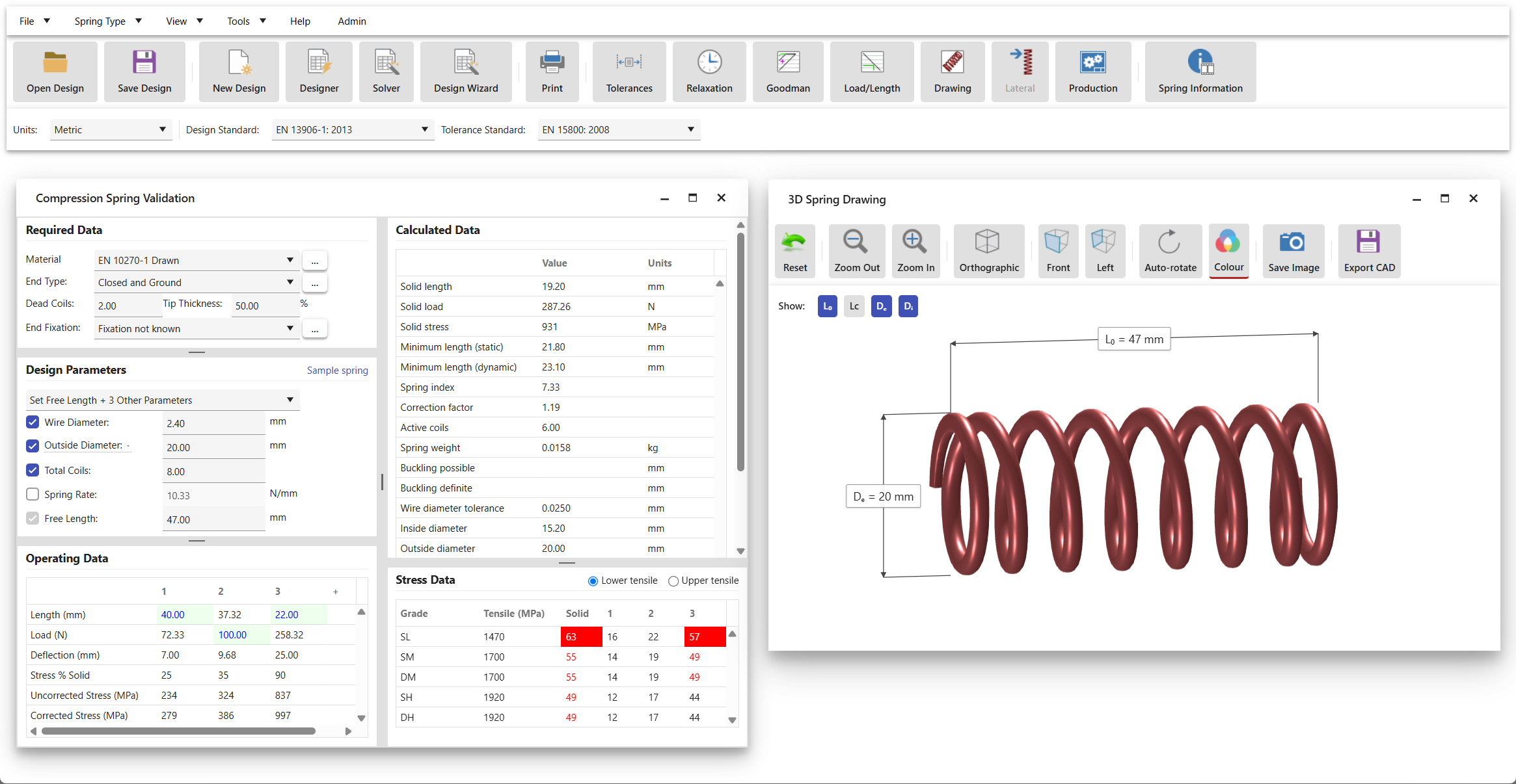 Spring Calculator Professional — compression spring validation with live 3D drawing and calculated results