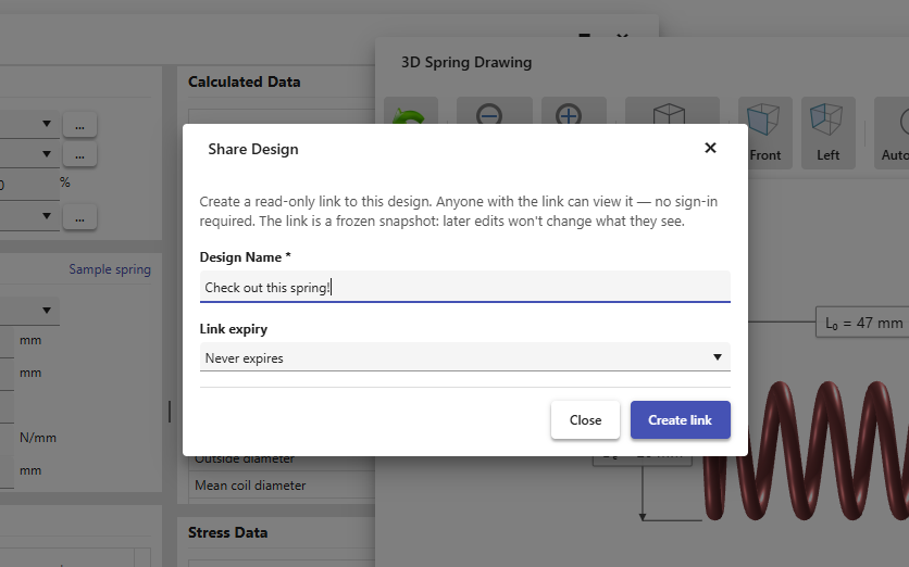 The Share Design dialog — create a read-only link, with optional expiry, over the live 3D spring drawing