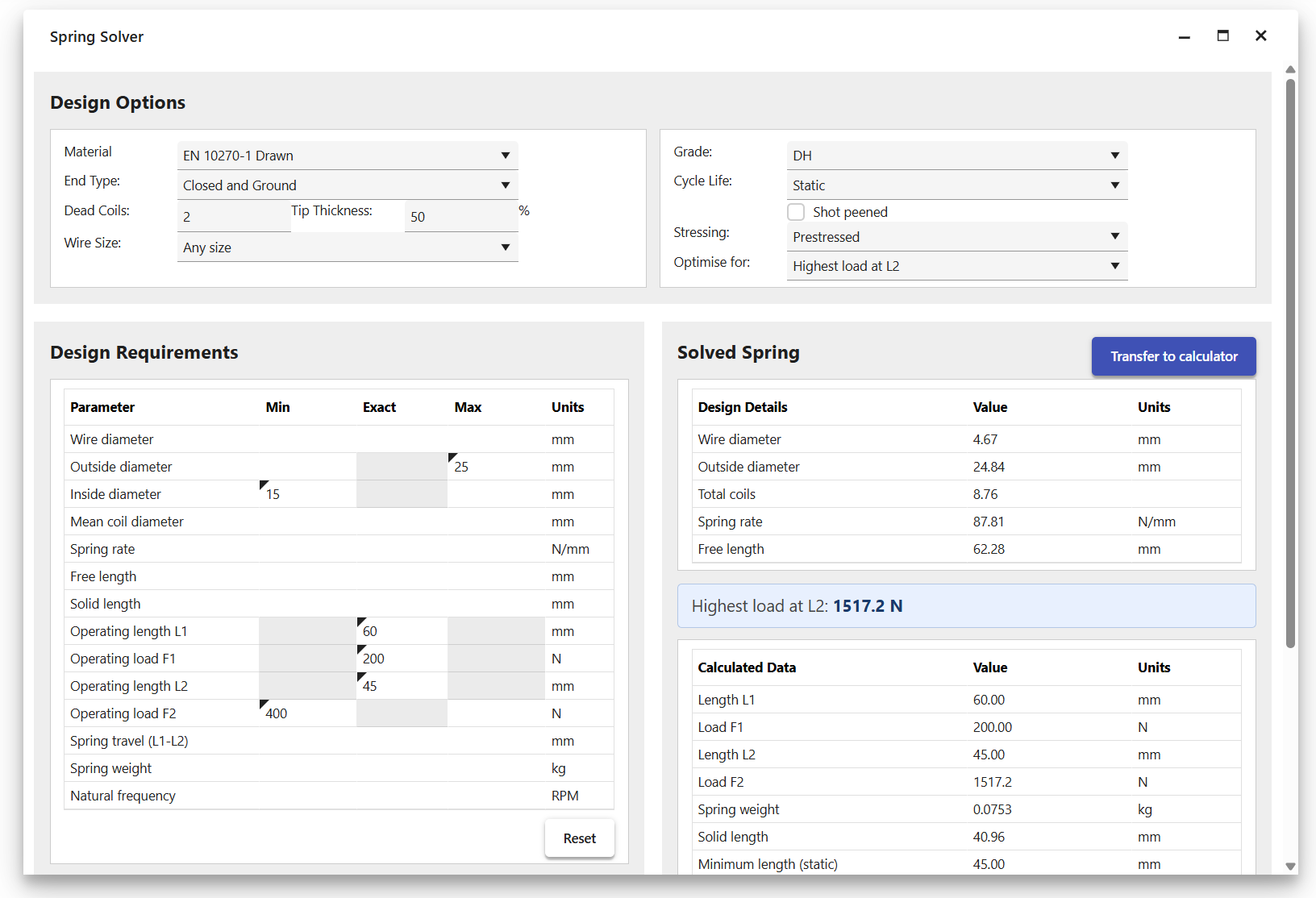 Spring Solver — design requirements entered and a solved spring returned